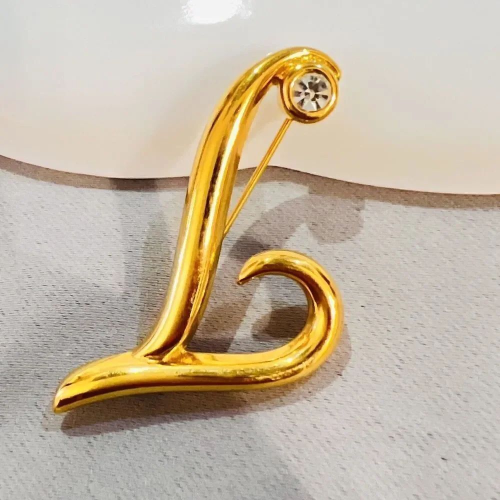 Monet Script Letter "L" Modernist With Rhinestone Brooch Signed Monogram 4297